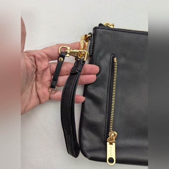 Milly Black Leather Gold Zip Clutch Wristlet Quiet Luxury Minimalist Bag